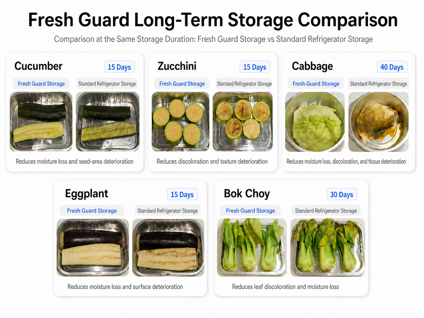 Fresh Guard long-term storage comparison overview: cucumber, zucchini, cabbage, eggplant, and bok choy stored with Fresh Guard versus a standard refrigerator
